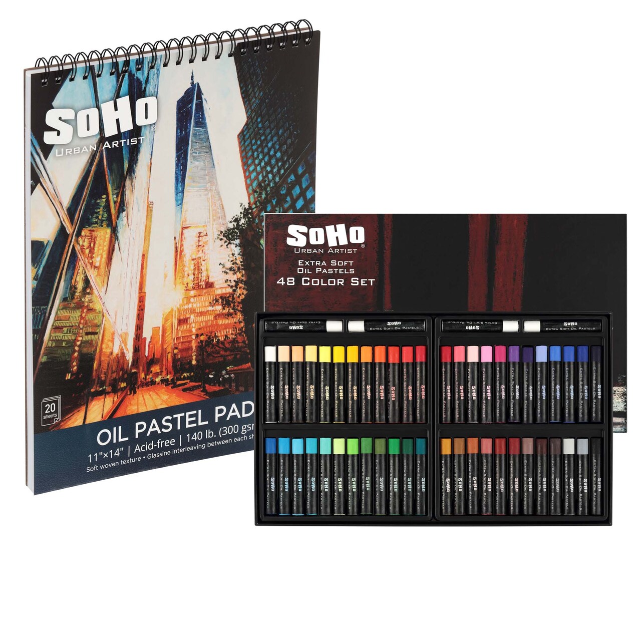 SoHo Urban Artist Extra Soft Oil Pastels & Oil Pastel Pad Bundle – 20-Sheet Textured Paper for Blending, Layering & Drawing – Smooth, Pigmented Pastels & Acid-Free Sketchbook